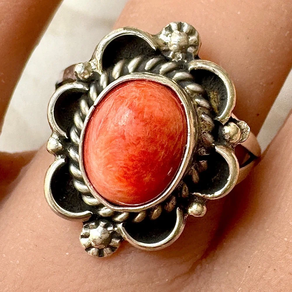 Navajo Flower Ring Orange Spiny Oyster Sz 9 Sterling Silver Native Signed Morgan